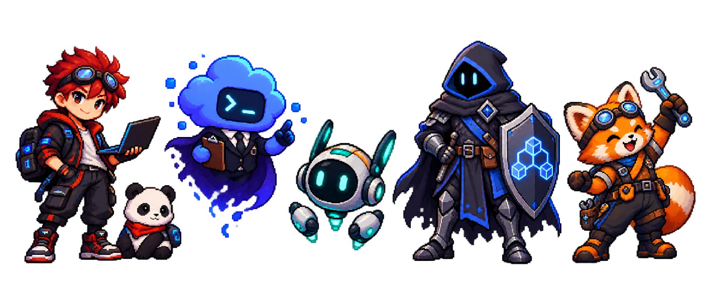 Original pixel-art crew of a coder, cloud terminal, robot, blockchain guardian, fox engineer, and panda companion
